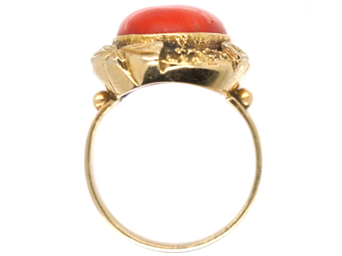Coral ring - gorgeous large coral on sterling oval base with leaf - Size 6.5
