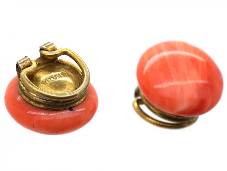 Edwardian Silver Gilt & Natural Coral Bouton Earrings