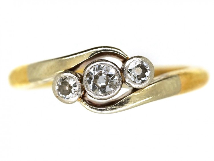 Edwardian 18ct Gold & Platinum, Diamond Three Stone Twist Ring