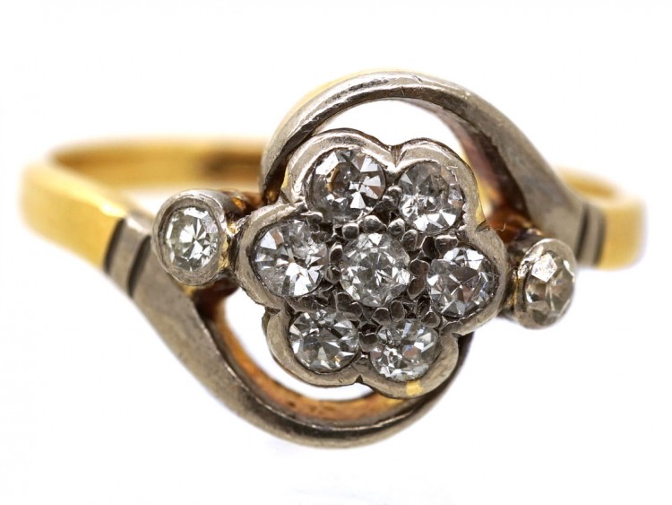 Edwardian 18ct Gold & Platinum, Diamond Cluster & Twist Ring