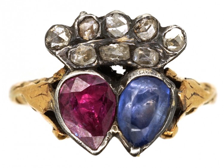 Georgian Ruby & Sapphire Double Heart Ring With Diamond Set Crown Top