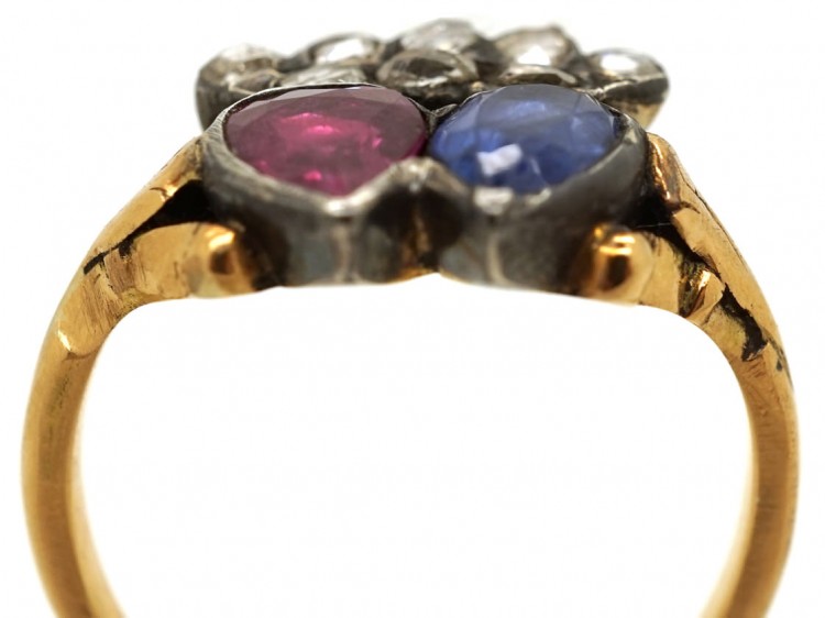 Georgian Ruby & Sapphire Double Heart Ring With Diamond Set Crown Top