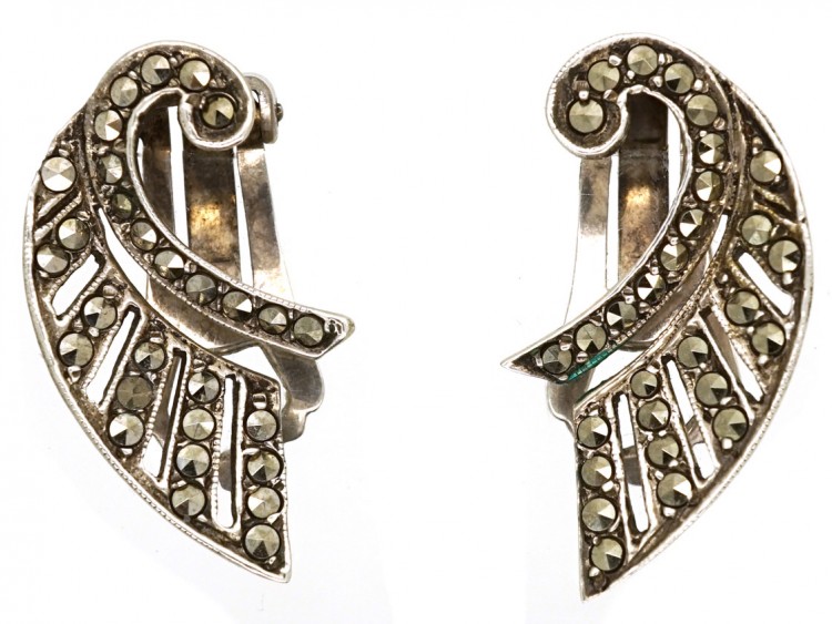 Art Deco Silver Clip On Wing Earrings