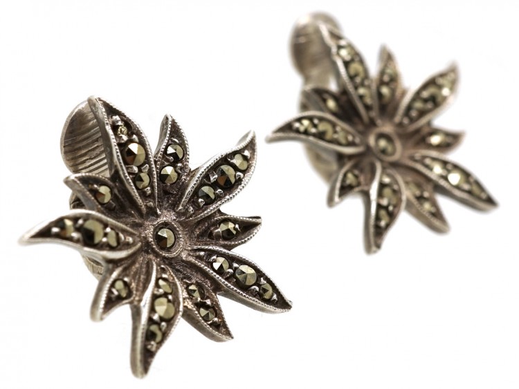 Silver & Marcasite Flower Clip On Earrings
