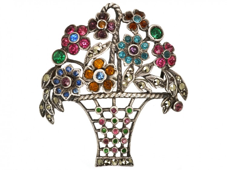 Edwardian Silver, Marcasite ​& Coloured Paste Flower Basket Brooch