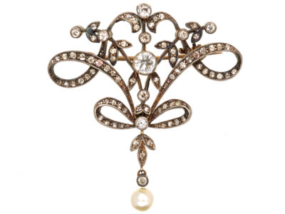 Art Nouveau Silver & 15ct Gold, Diamond & Natural Pearl Brooch & Pendant