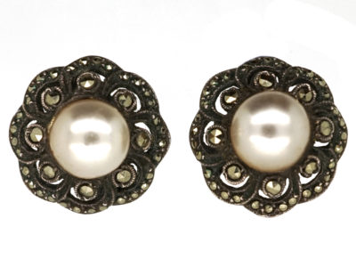 Silver, Paste Pearl & Marcasite Round Earrings