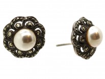 Silver, Paste Pearl & Marcasite Round Earrings