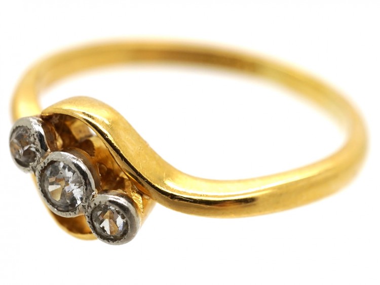 Edwardian 18ct Gold , Platinum & Diamond Three Stone Crossover RIng
