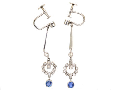 Art Deco Diamond & Sapphire Drop Earrings in Original Case