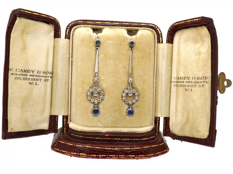 Art Deco Diamond & Sapphire Drop Earrings in Original Case