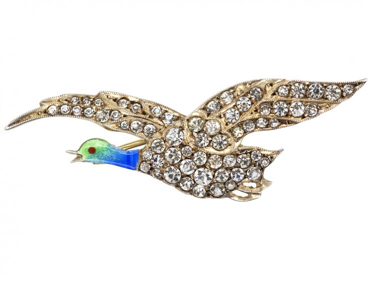 Edwardian Silver, Paste ​& Enamel Flying Duck Brooch