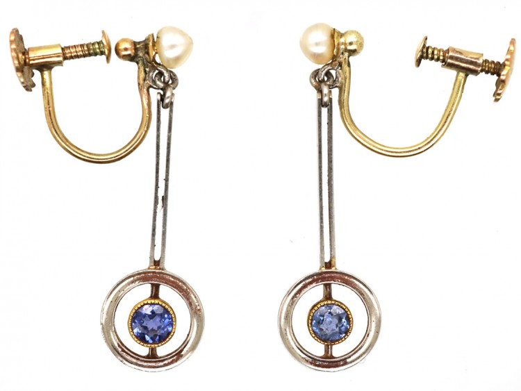 Art Deco Sapphire ​& Pearl Drop Earrings