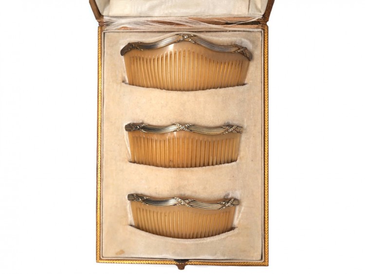 Edwardian Set of Three Silver Gilt & Horn Combs in Original Case