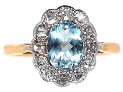 Edwardian 18ct Gold & Platinum, Aquamarine & Diamond Oval Cluster Ring