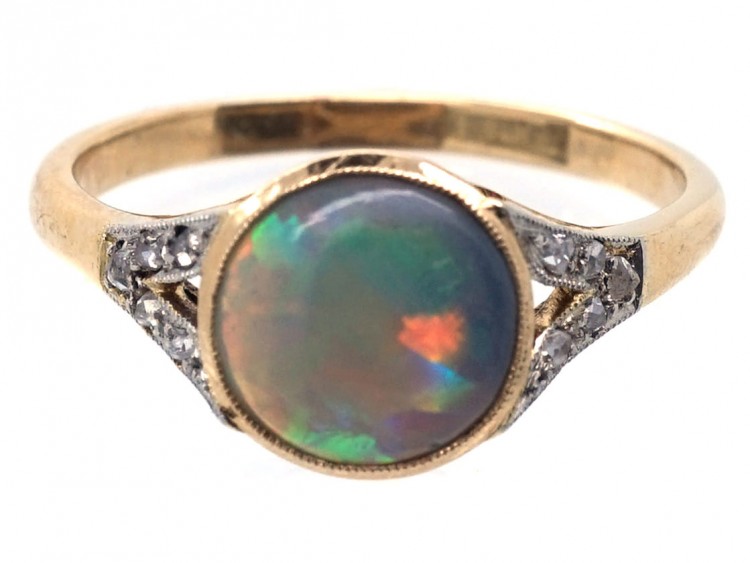 Art Deco 18ct Gold ​& Platinum Black Opal ​& Diamond Ring