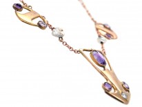 Art Nouveau 9ct Gold Necklace Set With Amethysts & Pearls