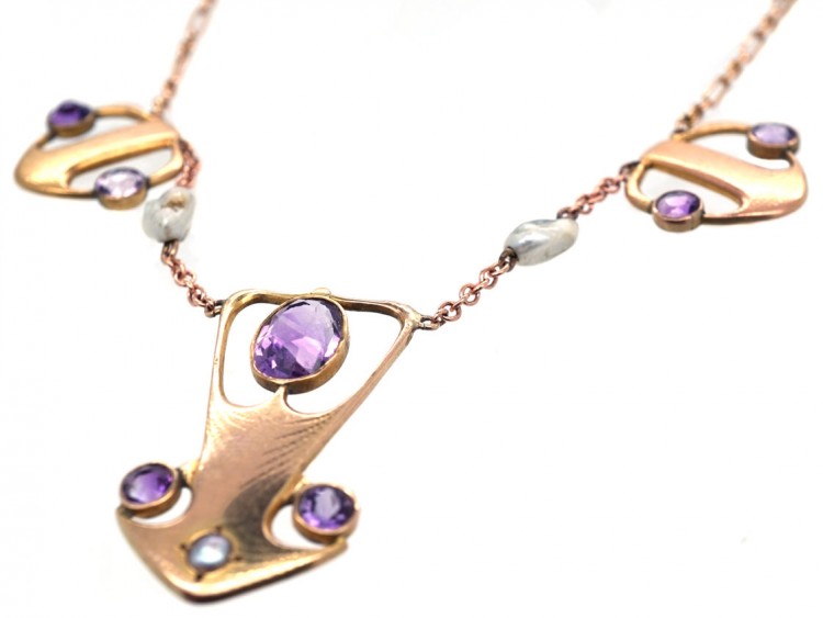 Art Nouveau 9ct Gold Necklace Set With Amethysts & Pearls