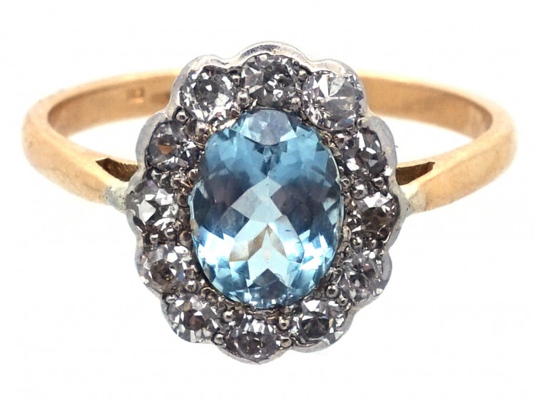Edwardian 18ct Gold & Platinum, Aquamarine & Diamond Oval Cluster Ring