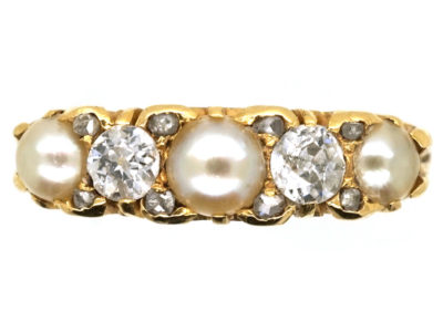 Victorian 18ct Gold, Natural Split Pearl & Diamond Five Stone Ring