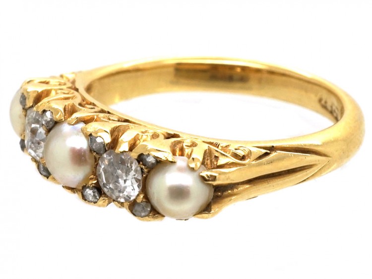 Victorian 18ct Gold, Natural Split Pearl & Diamond Five Stone Ring