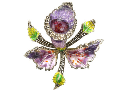 Silver, Marcasite & Enamel Orchid Brooch