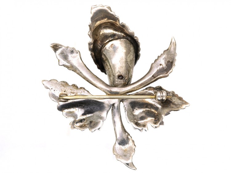Silver, Marcasite & Enamel Orchid Brooch