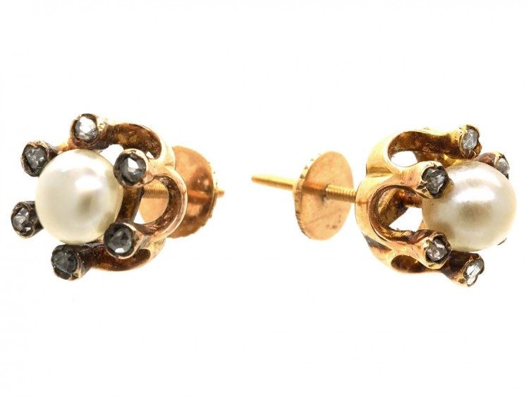 Edwardian Rose Diamond & Natural Pearl Round Earrings