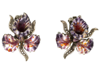 Silver, Marcasite & Enamel Orchid Earrings
