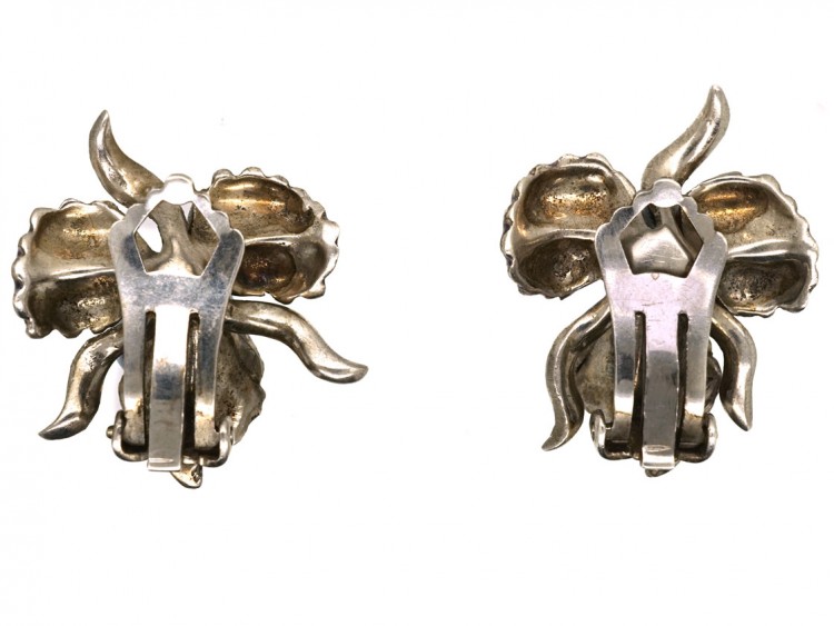 Silver, Marcasite & Enamel Orchid Earrings