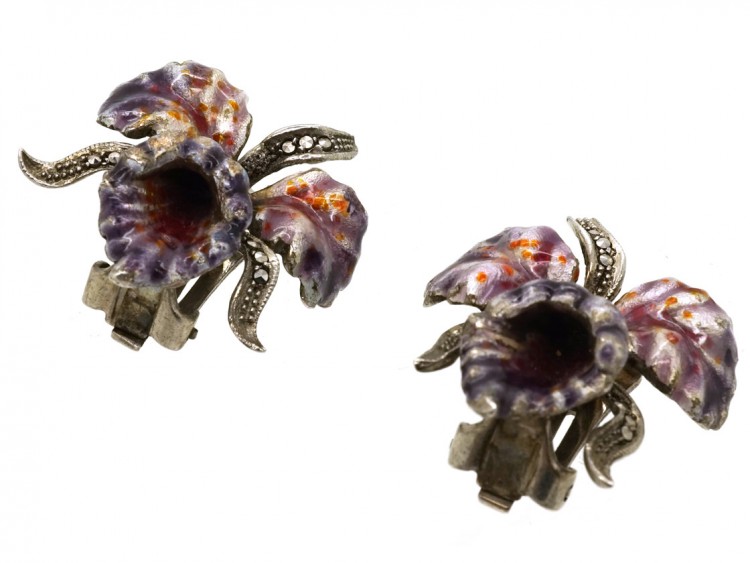 Silver, Marcasite & Enamel Orchid Earrings