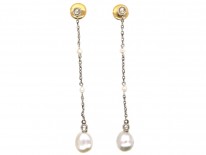 Edwardian Rose Diamond, Natural Pearl & Platinum Drop Earrings