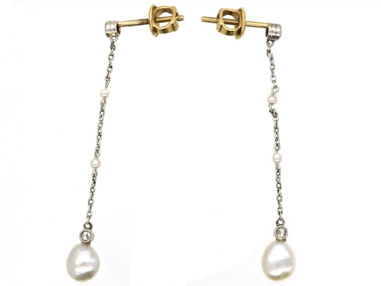 Edwardian Rose Diamond, Natural Pearl & Platinum Drop Earrings
