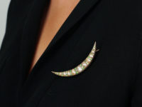 Edwardian Diamond Green Garnet & Pearl Crescent Brooch
