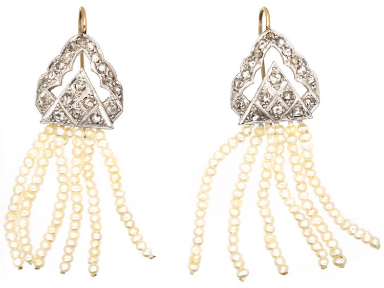 Edwardian Rose Diamond & Seed Pearl Drop Earrings
