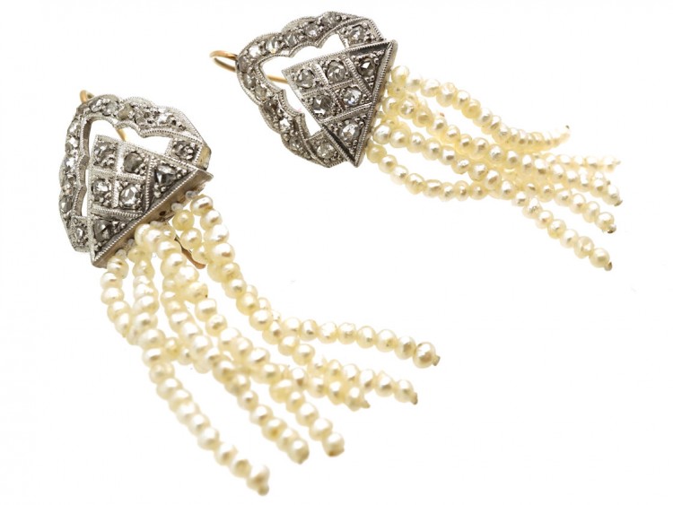 Edwardian Rose Diamond & Seed Pearl Drop Earrings