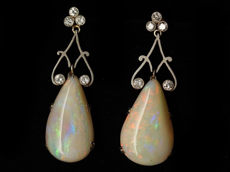 Art Deco Large Pear Shaped Opal & Diamond Drop Earrings