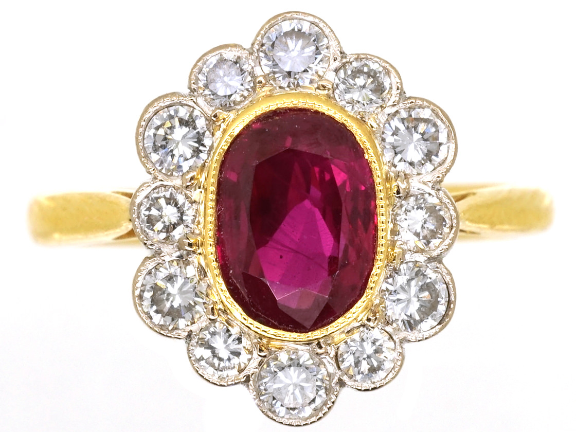 Ruby & Diamond Oval Cluster Ring (525H) | The Antique Jewellery Company