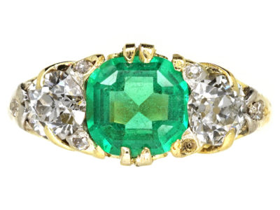 Victorian Carved Half Hoop Emerald & Diamond Ring