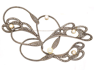 Art Nouveau Large Silver, Marcasite & Pearl Floral Brooch