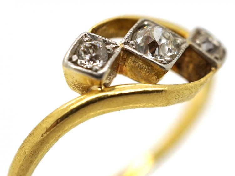 Edwardian 18ct Gold ​& Platinum, Three Diamond Crossover Ring