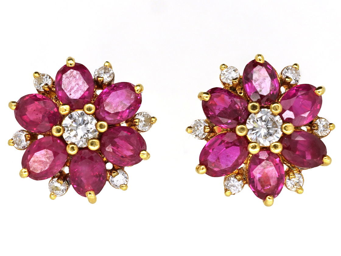 18ct Gold Ruby & Diamond Cluster Earrings (987B/OJ) | The Antique