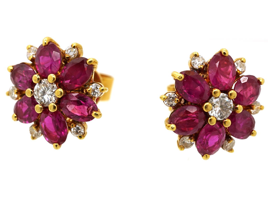 18ct Gold Ruby & Diamond Cluster Earrings (987B/OJ) | The Antique ...