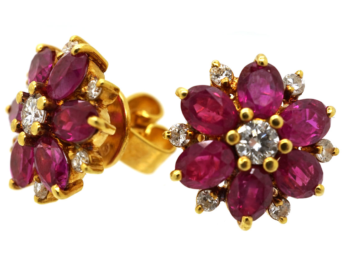 18ct Gold Ruby & Diamond Cluster Earrings (987B/OJ) | The Antique