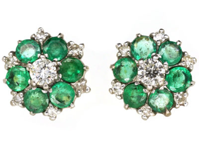 18ct White Gold Emerald & Diamond Cluster Earrings