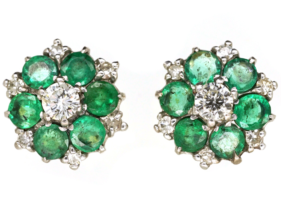 18ct White Gold Emerald & Diamond Cluster Earrings (893B/OJ) | The