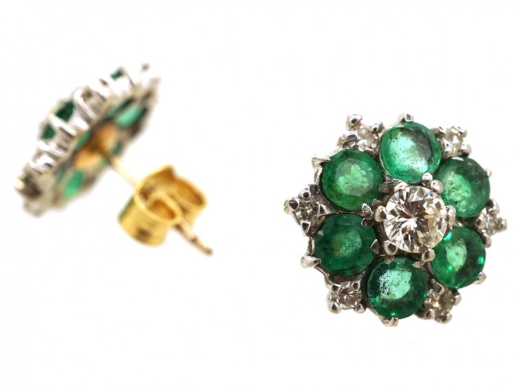 18ct White Gold Emerald & Diamond Cluster Earrings
