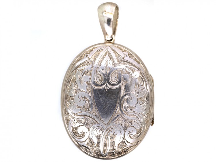 Victorian Oval Silver Locket With Shield & Ivy Leaf Design