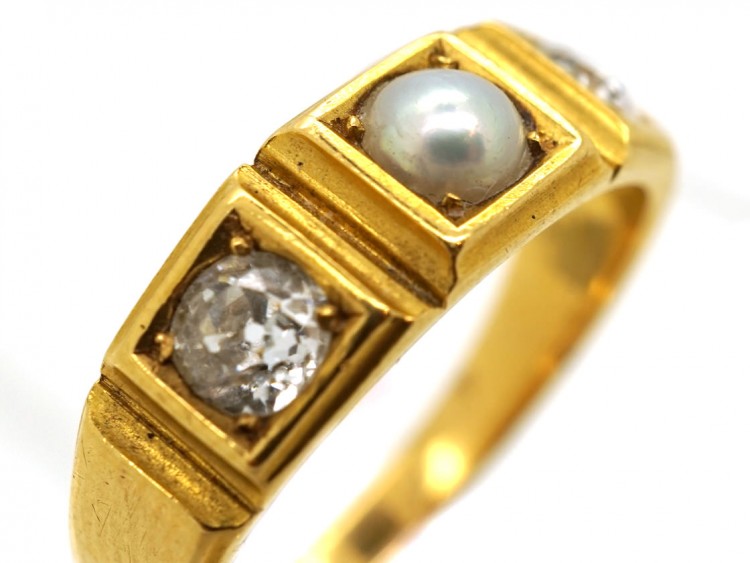 Victorian 18ct Gold Diamond & Natural Split Pearl Ring