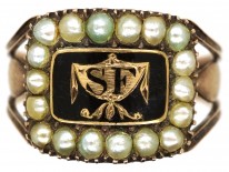 9ct Gold Georgian Black Enamel & Pearl Mourning Ring